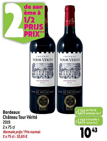 Promoties Bordeaux château tour vérité - Rode wijnen - Geldig van 07/06/2023 tot 13/06/2023 bij Match