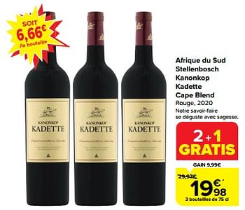 Promotions Afrique du sud stellenbosch kanonkop kadette cape blend rouge, 2020 - Vins rouges - Valide de 07/06/2023 à 13/06/2023 chez Carrefour