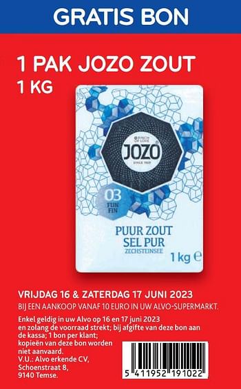 Promoties Gratis bon1 pak jozo zout - Jozo - Geldig van 14/06/2023 tot 27/06/2023 bij Alvo