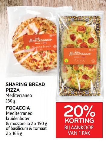 Promoties Sharing bread pizza mediterraneo + focaccia mediterraneo 20% korting bij aankoop van 1 pak - Mediterraneo - Geldig van 14/06/2023 tot 27/06/2023 bij Alvo