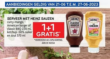 Promoties Serveer met heinz sauzen 1+1 gratis - Heinz - Geldig van 14/06/2023 tot 27/06/2023 bij Alvo