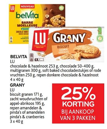 Promoties Belvita lu + grany lu 25% korting bij aankoop van 3 pakken - Lu - Geldig van 14/06/2023 tot 27/06/2023 bij Alvo