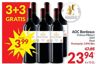 Promoties Aoc bordeaux château pillebart 2019 rood - Rode wijnen - Geldig van 13/06/2023 tot 18/06/2023 bij Intermarche