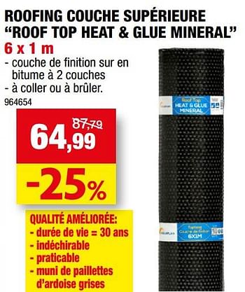 Promotions Roofing couche supérieure roof top heat + glue mineral - Aquaplan - Valide de 07/06/2023 à 18/06/2023 chez Hubo