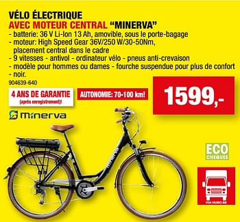 Promotions Vélo électrique avec moteur central minerva - Minerva - Valide de 07/06/2023 à 18/06/2023 chez Hubo