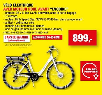 Promotions Vélo électrique avec moteur roue avant evobike - Evobike - Valide de 07/06/2023 à 18/06/2023 chez Hubo