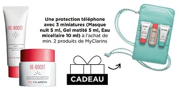 Promotions Une protection téléphone avec 3 miniatures masque nuit gel matité eau micellaire à l’achat de min. 2 produits de myclarins - Clarins - Valide de 12/06/2023 à 18/06/2023 chez ICI PARIS XL