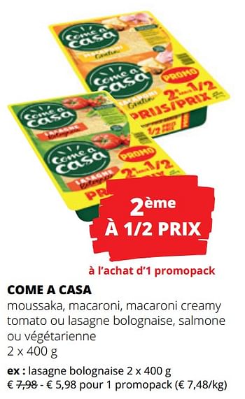 Promotions Come a casa lasagne bolognaise - Come a Casa - Valide de 15/06/2023 à 28/06/2023 chez Spar (Colruytgroup)