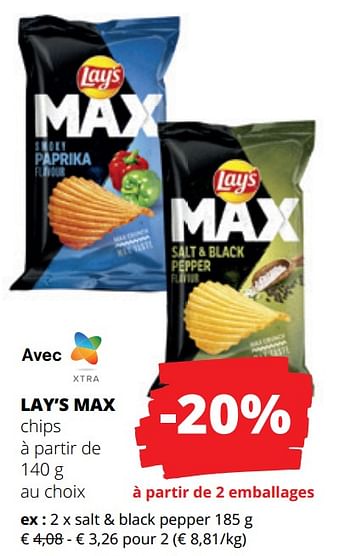Promotions Lay’s max chips salt + black pepper - Lay's - Valide de 15/06/2023 à 28/06/2023 chez Spar (Colruytgroup)