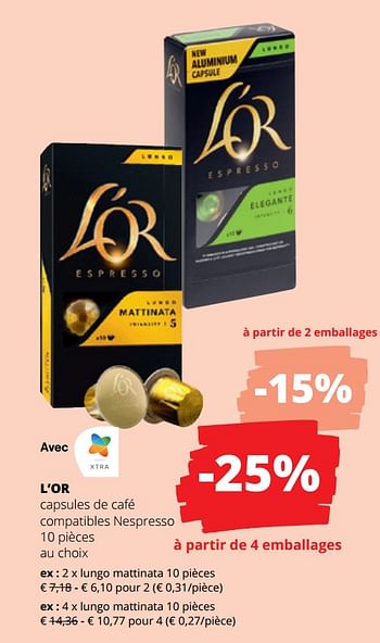 Promotions L’or capsules de café compatibles nespresso lungo mattinata - Douwe Egberts - Valide de 15/06/2023 à 28/06/2023 chez Spar (Colruytgroup)