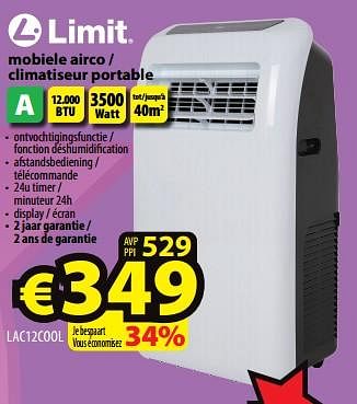 Promoties Limit mobiele airco - climatiseur portable lac12cool - Limit - Geldig van 14/06/2023 tot 21/06/2023 bij ElectroStock