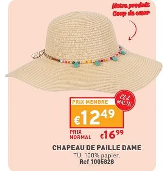 Promotions Chapeau de paille dame - Produit maison - Trafic  - Valide de 14/06/2023 à 19/06/2023 chez Trafic