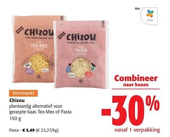 Promoties Chizou plantaardig alternatief voor geraspte kaas pasta - Chizou - Geldig van 14/06/2023 tot 27/06/2023 bij Colruyt