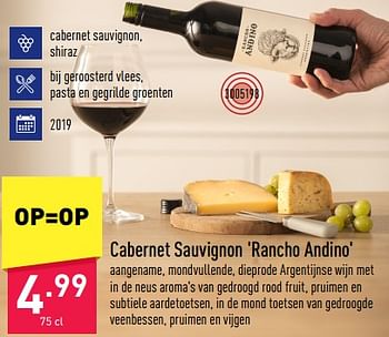 Promoties Cabernet sauvignon rancho andino - Rode wijnen - Geldig van 23/06/2023 tot 30/06/2023 bij Aldi