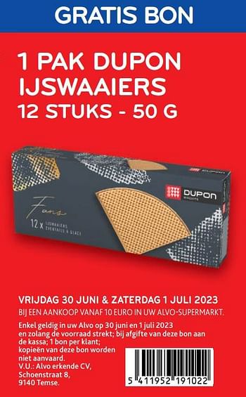 Promoties Gratis bon 1 pak dupon ijswaaiers - Dupon - Geldig van 28/06/2023 tot 11/07/2023 bij Alvo