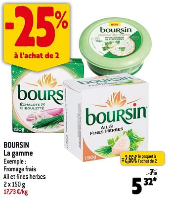 Promotions Boursin fromage frais ail et fines herbes - Boursin - Valide de 14/06/2023 à 20/06/2023 chez Smatch