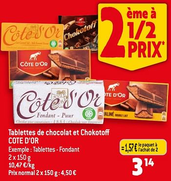 Promotions Tablettes de chocolat et chokotoff cote d’or tablettes - fondant - Cote D'Or - Valide de 14/06/2023 à 20/06/2023 chez Smatch