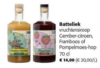 Promoties Batteliek vruchtensiroop gember-citroen, framboos of pompelmoes-hop - Batteliek - Geldig van 14/06/2023 tot 27/06/2023 bij Colruyt