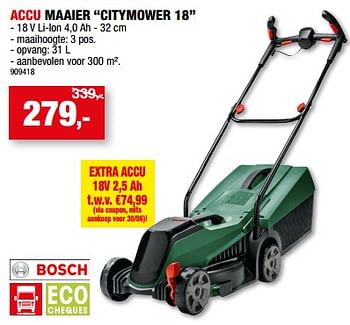 Promoties Bosch accu maaier citymower 18 - Bosch - Geldig van 21/06/2023 tot 02/07/2023 bij Hubo