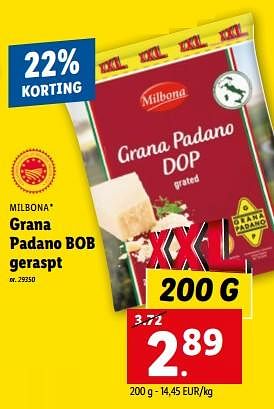 Promoties Grana padano bob geraspt - Milbona - Geldig van 28/06/2023 tot 04/07/2023 bij Lidl