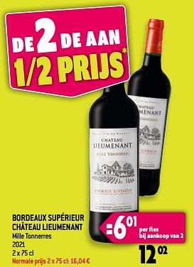 Promoties Bordeaux supérieur château lieumenant mille tonnerres - Rode wijnen - Geldig van 21/06/2023 tot 27/06/2023 bij Smatch