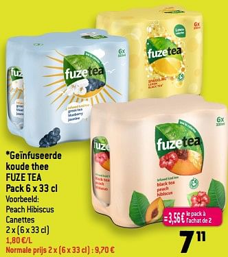 Promotions Geïnfuseerde koude thee fuze tea peach hibiscus canettes - FuzeTea - Valide de 21/06/2023 à 27/06/2023 chez Smatch