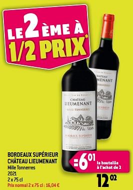 Promotions Bordeaux supérieur château lieumenant mille tonnerres - Vins rouges - Valide de 21/06/2023 à 27/06/2023 chez Smatch