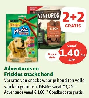 Promoties Adventuros en friskies snacks hond - Purina - Geldig van 05/07/2023 tot 12/07/2023 bij Maxi Zoo