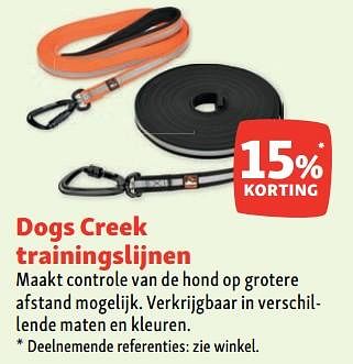 Promoties Dogs creek trainingslijnen 15% korting - Dogs Creek - Geldig van 05/07/2023 tot 12/07/2023 bij Maxi Zoo