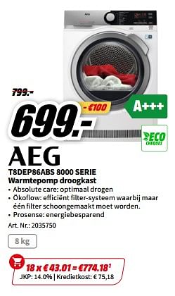 Promoties Aeg t8dep86abs 8000 serie warmtepomp droogkast - AEG - Geldig van 01/07/2023 tot 02/07/2023 bij Media Markt