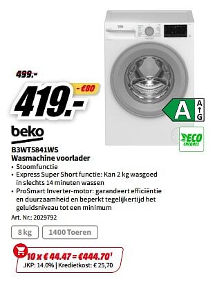 Promoties Beko b3wt5841ws wasmachine voorlader - Beko - Geldig van 01/07/2023 tot 02/07/2023 bij Media Markt