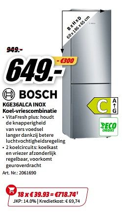 Promoties Bosch kge36alca inox koel-vriescombinatie - Bosch - Geldig van 01/07/2023 tot 02/07/2023 bij Media Markt