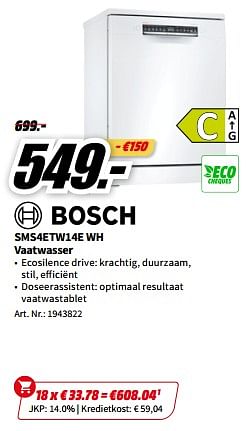 Promoties Bosch sms4etw14e wh vaatwasser - Bosch - Geldig van 01/07/2023 tot 02/07/2023 bij Media Markt