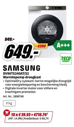 Promoties Samsung dv90t5240at-s2 warmtepomp droogkast - Samsung - Geldig van 01/07/2023 tot 02/07/2023 bij Media Markt