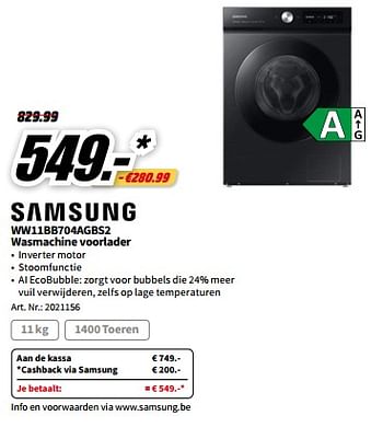 Promoties Samsung ww11bb704agbs2 wasmachine voorlader - Samsung - Geldig van 01/07/2023 tot 02/07/2023 bij Media Markt