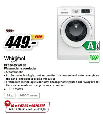 Promoties Whirlpool ffb 9469 wv ee wasmachine voorlader - Whirlpool - Geldig van 01/07/2023 tot 02/07/2023 bij Media Markt