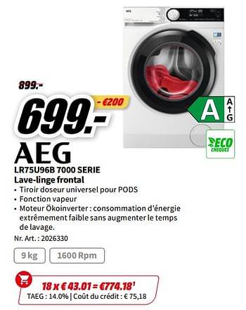 Promotions Aeg lr75u96b 7000 serie lave-linge frontal - AEG - Valide de 01/07/2023 à 02/07/2023 chez Media Markt