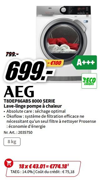 Promotions Aeg t8dep86abs 8000 serie lave-linge pompe à chaleur - AEG - Valide de 01/07/2023 à 02/07/2023 chez Media Markt
