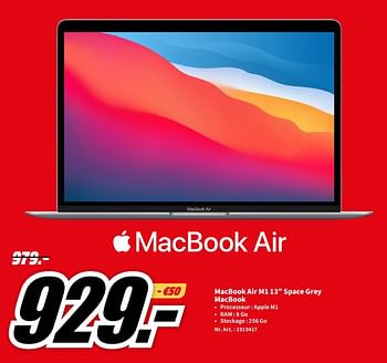 Promotions Apple macbook air m1 13`` space grey macbook - Apple - Valide de 01/07/2023 à 02/07/2023 chez Media Markt