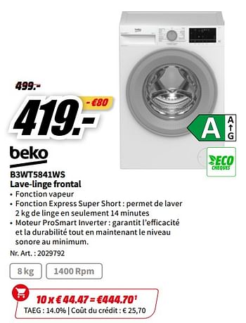 Promotions Beko b3wt5841ws lave-linge frontal - Beko - Valide de 01/07/2023 à 02/07/2023 chez Media Markt