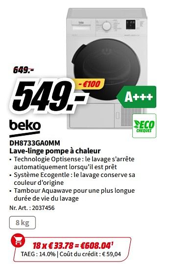 Promotions Beko dh8733ga0mm lave-linge pompe à chaleur - Beko - Valide de 01/07/2023 à 02/07/2023 chez Media Markt