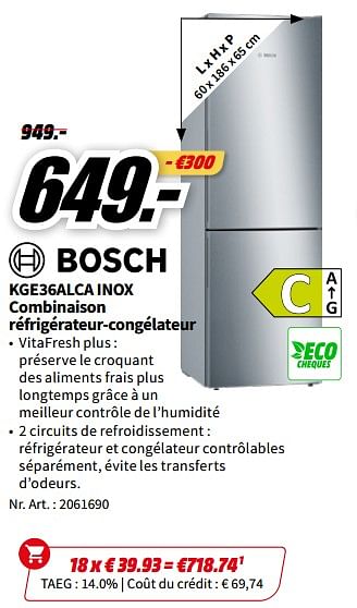 Promotions Bosch kge36alca inox combinaison réfrigérateur-congélateur - Bosch - Valide de 01/07/2023 à 02/07/2023 chez Media Markt