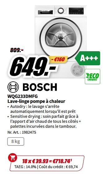 Promotions Bosch wqg233dmfg lave-linge pompe à chaleur - Bosch - Valide de 01/07/2023 à 02/07/2023 chez Media Markt
