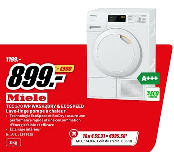 Promotions Miele tcc 570 wp wash2dry + ecospeed lave-linge pompe à chaleur - Miele - Valide de 01/07/2023 à 02/07/2023 chez Media Markt