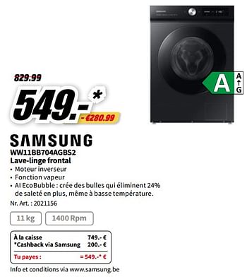 Promotions Samsung ww11bb704agbs2 lave-linge frontal - Samsung - Valide de 01/07/2023 à 02/07/2023 chez Media Markt