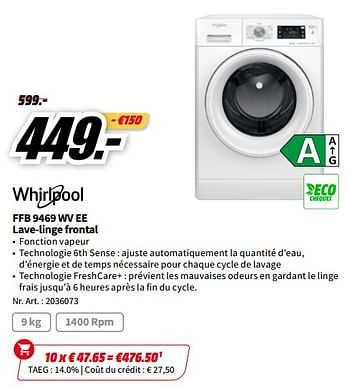 Promotions Whirlpool ffb 9469 wv ee lave-linge frontal - Whirlpool - Valide de 01/07/2023 à 02/07/2023 chez Media Markt