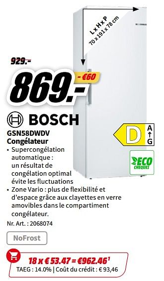 Promotions Bosch gsn58dwdv congélateur - Bosch - Valide de 01/07/2023 à 02/07/2023 chez Media Markt