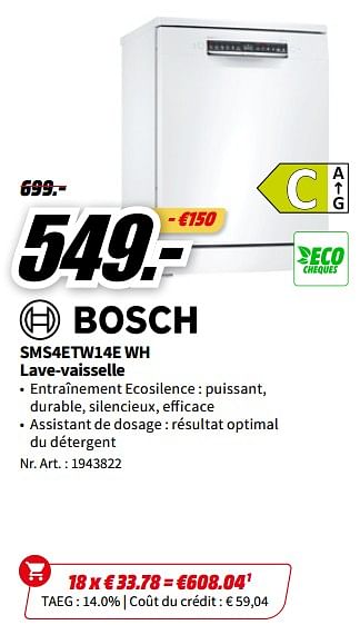Promotions Bosch sms4etw14e wh lave-vaisselle - Bosch - Valide de 01/07/2023 à 02/07/2023 chez Media Markt