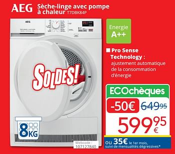 Promotions Aeg sèche-linge avec pompe à chaleur t7dbk84p - AEG - Valide de 01/07/2023 à 31/07/2023 chez Eldi