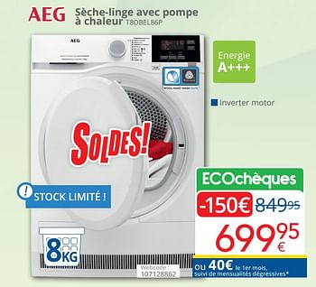 Promotions Aeg sèche-linge avec pompe à chaleur t8dbel86p - AEG - Valide de 01/07/2023 à 31/07/2023 chez Eldi